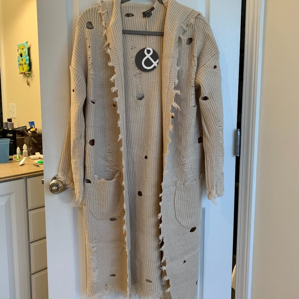 And Merci M/L Taupe colored distressed hooded sweater duster NWT
